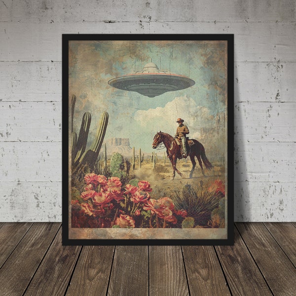 UFO COWBOY Fine Art, WESTERN Americana Poster, Retro Sci-fi Wall Decor, Flying Saucer Alien Art, Science Fiction Gift, Horse Desert Flowers