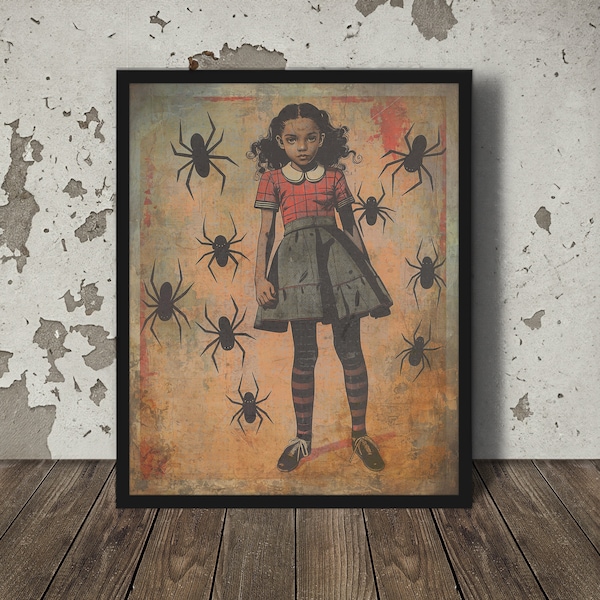 Retro SPIDER GIRL Wall Art, Spider Room Poster Print, Arachnid Lover Girl Gift, Arachnophobia Home Decor, Scary Pet Spider, Vintage Girl Art