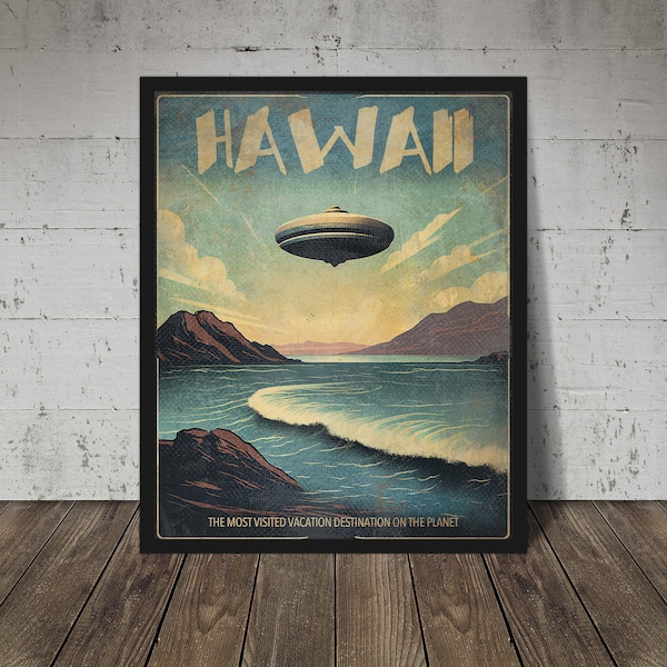 Retro UFO TRAVEL POSTER, Hawaii Vacation, Sci-Fi Gift, Alien Saucer, Wall Print, Vintage Style, Weird Surreal, Home Decor, Dad Son Surfing