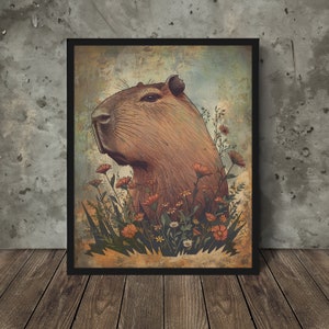 RETRO CAPYBARA Wall Art, Botanical Floral Wildlife Nature Art Print Poster, Capybara Vintage Decor, Cottagecore Animal Lover Home Decor Gift