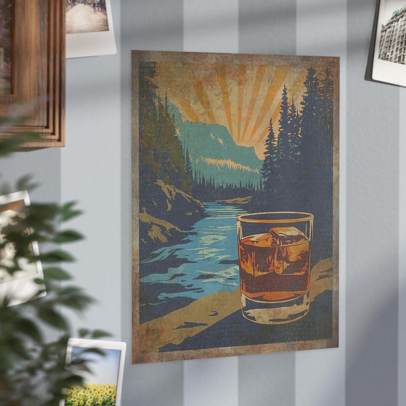 WHISKEY WILDERNESS Wall Art, Retro Scotch Nature Poster, Forest River