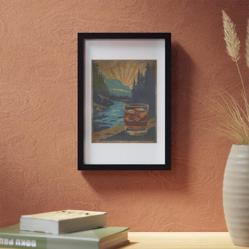 WHISKEY WILDERNESS Wall Art, Retro Scotch Nature Poster, Forest River
