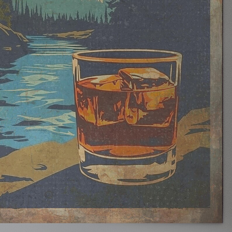 WHISKEY WILDERNESS Wall Art, Retro Scotch Nature Poster, Forest River