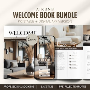 May include: An Airbnb Welcome Book Bundle, printable and digital app version. The cover displays "WELCOME" and a living room photo. A smartphone shows the app interface. The text "PROFESSIONAL LOOKING", "SAVE TIME", and "PRE-FILLED TEMPLATES" are also visible.