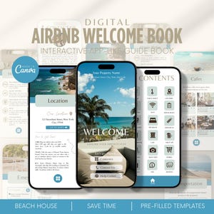 Op de afbeelding: Digitaal Airbnb Welkomstboek weergegeven op drie smartphones. De schermen tonen een welkomstbericht, locatiegegevens en een inhoudspagina. Het ontwerp heeft een strandthema met blauwe en witte kleuren.