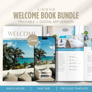 Op de afbeelding: Een Airbnb Welcome Book Bundle met een printbare en digitale app-versie. De omslag toont een strandscène met palmbomen en het woord "WELCOME". Een smartphone toont de app-interface.