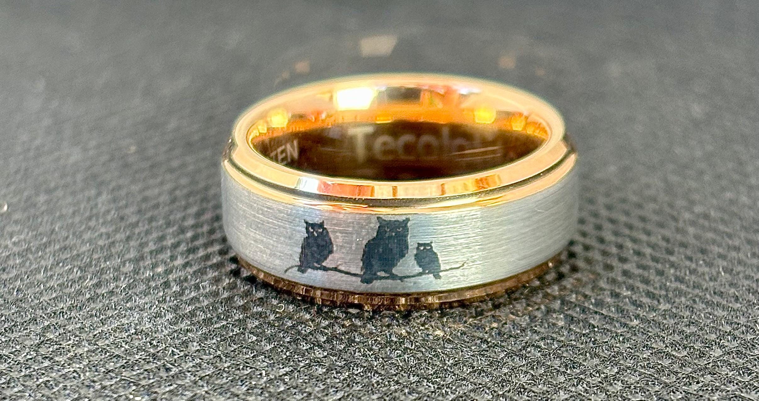 Tungsten Owl ring on Rose Gold free inside laser engrave