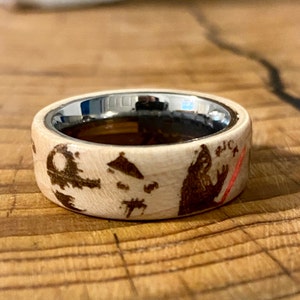 Titanium glow ring on maple wood custom personalized star wars inspired glow in the dark light saber image