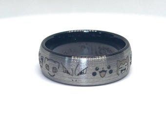 Pokémon Inspired Tungsten Ring – Brushed Silver Gray Band with Black Interior – 4mm 6mm 8mm – Laser Engraved – Custom Inside Engraving –