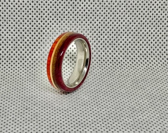 4 layer Exotic wood ring on titanium band. Free inside laser engraving.