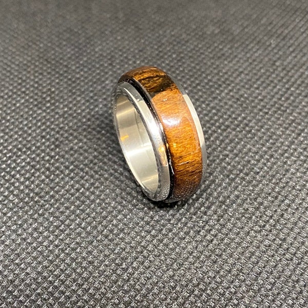 Spinning exotic ebony wood ring on stainless steel 316L  8mm band, for anxiety and fidget. Free personalized  inside laser engraving