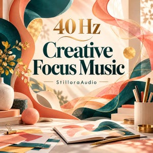 May include: A desk scene featuring a notebook with abstract art, a pen, a pencil holder, and a vase. The text reads 40 Hz Creative Focus Music and StilloraAudio. The background displays flowing, layered shapes in shades of teal, peach, and cream.