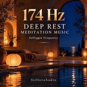 Könnte beinhalten: Eine digitale Grafik mit dem Text 174 Hz DEEP REST MEDITATION MUSIC Solfeggio Frequency und StilloraAudio. Die Szene zeigt einen schwach beleuchteten Raum mit leuchtenden Papierlaternen, einem niedrigen Bett und Blick auf das Meer.