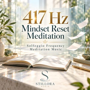 May include: An open notebook with blank pages sits on a marble surface next to a gold pen. The text reads 417 Hz Mindset Reset Meditation, Solfeggio Frequency Meditation Music, and Stillora Audio. Floating white paper sheets are visible.