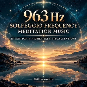 Könnte beinhalten: Eine digitale Grafik mit einem Sonnenuntergang über einem ruhigen See und Bergen im Hintergrund. Der Text lautet 963 Hz SOLFEGGIO FREQUENCY MEDITATION MUSIC INTENTION & HIGHER-SELF VISUALIZATIONS und StilloraAudio unten in goldener Schrift.
