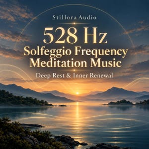 Könnte beinhalten: Eine digitale Grafik mit einem Sonnenuntergang über einem ruhigen See und Bergen im Hintergrund. Der Text lautet Stillora Audio, 528 Hz Solfeggio Frequency Meditation Music und Deep Rest & Inner Renewal, überlagert mit feinen goldenen Linien.