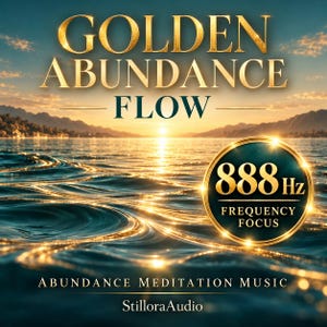 Może przedstawiać: Grafika cyfrowa z tekstem GOLDEN ABUNDANCE FLOW, 888 Hz FREQUENCY FOCUS, ABUNDANCE MEDITATION MUSIC oraz StilloraAudio. Tło przedstawia zachód słońca nad wodą ze złotym światłem odbijającym się od powierzchni fal.
