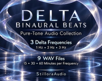 Può includere: Una grafica digitale per la collezione audio Delta Binaural Beats Pure-Tone di StilloraAudio. Presenta 3 frequenze Delta a 1 Hz, 2 Hz e 3 Hz, con 9 file WAV di 15, 30 e 60 minuti di durata su uno sfondo blu scuro luminoso.