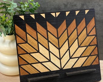 Geometric Wood Tablet Stand – Multi-Wood iPad Holder, 11x15 Inch Handmade Stand for Kitchen, Desk or Studio