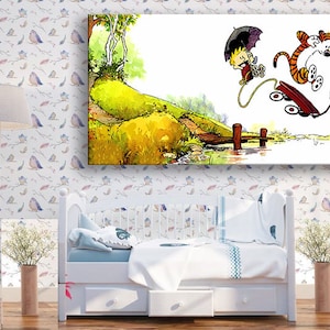 May include: A framed canvas print featuring a whimsical illustration of a boy and a tiger with a red wagon. The artwork depicts a landscape with a pond and a grassy hill. The print is displayed above a white bed.