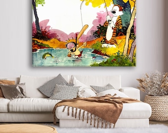 May include: A watercolor illustration of a tiger and a cat fishing. The tiger is standing on the bank of a river, holding a fishing rod. The cat is in the water, wearing a snorkel and flippers, and holding a baseball bat. The scene is set in a forest, with trees and bushes in the background.
