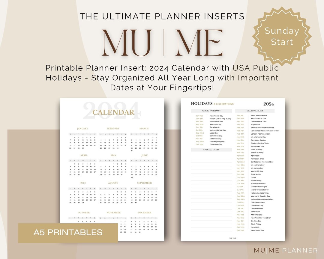 2024 Calendar Printable Planner Insert With USA Public Holidays Yearly ...