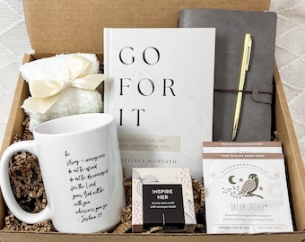 Caja de regalo inspiradora para mujeres: Devocional "Go For It" con diario de cuero gris y taza