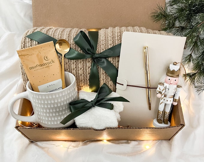 Cozy Christmas Gift Box, Holiday Hygge Gift Basket With Blanket Tea