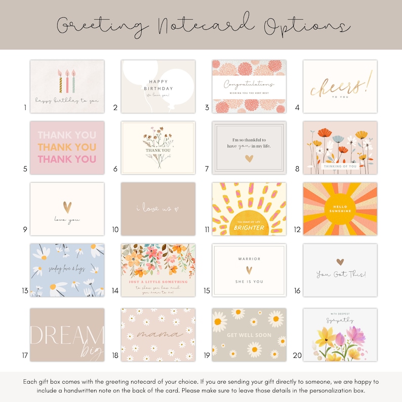 Op de afbeelding: Een raster met 20 verschillende ontwerpen voor wenskaarten. De kaarten bevatten verschillende illustraties en tekst, waaronder "Happy Birthday", "Thank You", "Cheers!" en "Get Well Soon".