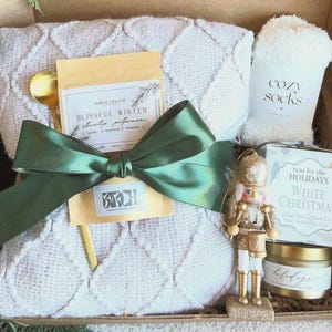 White Christmas Gift Box- Blanket, Black Teas, Stovetop Potpourri, Nutcracker Ornament, & Candle
