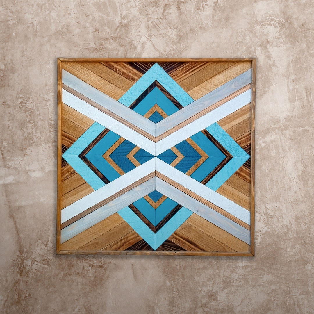 Blue Wood Wall Art Square Farmhouse Painting Natural Handmade Wall