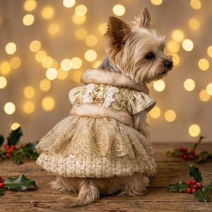 Op de afbeelding: Een kleine hond met beige en bruine vacht draagt een goudkleurige jurk. De jurk heeft een kraag van imitatiebont, een lijfje met lovertjes en een rok met meerdere lagen, voorzien van ingewikkeld goud borduurwerk en glinsterende details.