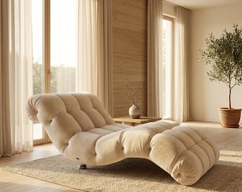 Modern Tufted Chaise Lounge Chair | Luxury Cream Velvet Recliner | Minimalist Curved Accent Chair | Contemporary Relaxing Sofa