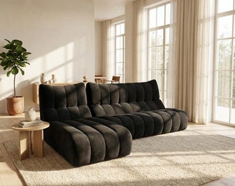 Moderne zwarte modulaire fluwelen bank | Japandi minimalistische bank | Luxe woonkamermeubels