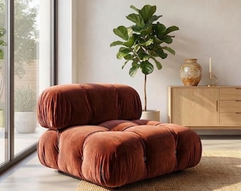 Chocolate Velvet Modular Lounge Chair | Iconic Tufted “Loaf” Armchair | Postmodern 1970s-Inspired Quiet Luxury Piece