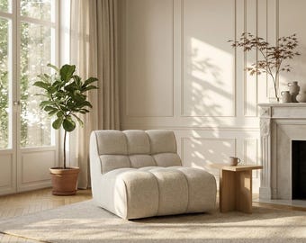 Modularer Bouclé-Akzentstuhl – Grob gepolsterter Lounge-Sessel, moderne Wohnzimmer-Sitzgruppe, Cremeweiß