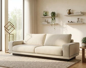 Sofá de 2 lugares em bouclé creme | Sofá contemporâneo personalizável | Sofá em estilo linho neutro com base em madeira escura