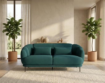 Modern Teal Green 3-Seater Sofa – Rounded Boucle Couch – Minimalist Japandi Scandinavian Living Room