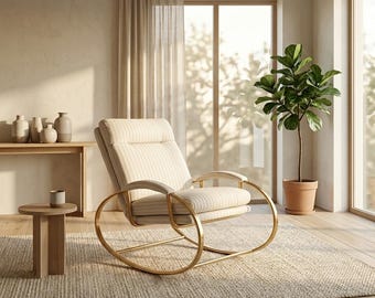 Modern Gold Rocking Chair | Luxury Accent Lounge Chair | Minimalist Cream Upholstered Armchair | Scandinavian Living Room Furniture