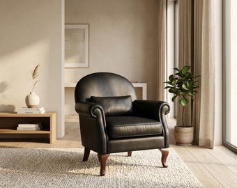 Black Leather Club Chair | Vintage French Style Armchair | Round Back Accent Chair | Mid-Century Living Room Chair