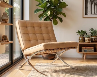 Sand Leather Lounge Chair | Mid-Century Modern Chrome X-Frame Accent Chair | Japandi Modern Seating