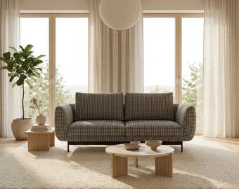 Nowoczesna sofa dwuosobowa z bouclé, wygięta kanapa skandynawska, sofa akcentowa w stylu japońskim, fotel wypoczynkowy z teksturowanej tkaniny, minimalistyczne meble do salonu