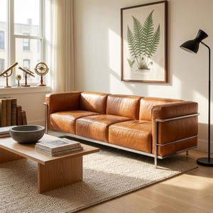 Op de afbeelding: Een moderne woonkamer met een bruine leren bank met chromen accenten. Een houten salontafel toont boeken en een decoratieve kom. Een ingelijste botanische print hangt boven de bank en een zwarte vloerlamp staat in de buurt. De kamer heeft een neutraal kleurenpalet.