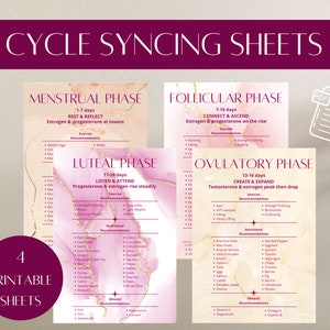 以下が含まれることがあります： サイクル同期情報が記載された4枚の印刷可能なシート。各シートは、月経、卵胞、黄体、排卵の異なるフェーズを示しています。シートには、運動、栄養、ミネラルの推奨事項が含まれています。「CYCLE SYNCING SHEETS」というタイトルが上部にあります。