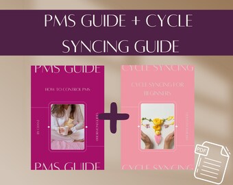 Puede incluir: Dos guías digitales de color rosa y morado con texto que dice "PMS Guide" y "Cycle Syncing" con un signo más entre ellos. La guía PMS tiene una foto de una mujer sosteniendo una taza. La guía Cycle Syncing tiene una foto de un útero hecho de flores.