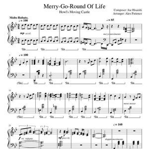 以下が含まれることがあります： 映画「ハウルの動く城」の楽曲「人生のメリーゴーラウンド」の楽譜。作曲は久石譲、編曲はアレックス・パチェンス。楽譜にはテンポ、調号、拍子記号が記載されています。楽譜は標準記譜法で書かれています。