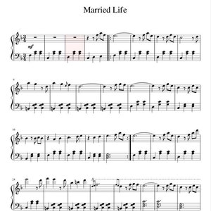 May include: Sheet music for a piano piece titled "Married Life". The music is written in standard notation with treble and bass clefs. The piece is in 4/4 time and has a key signature of 3 sharps.