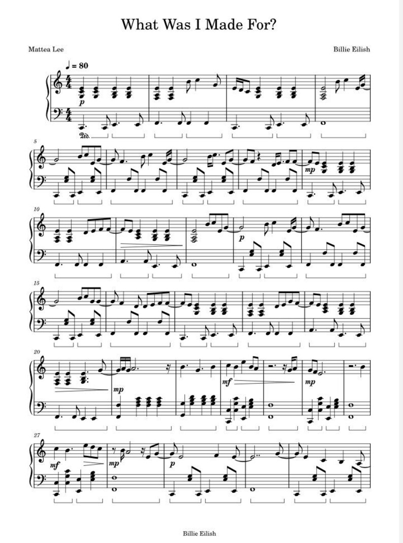 What was i made for billie eilish official sheet music downloadable pdf