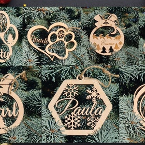 Ornamenti di Natale File tagliati al laser SVG, 7 disegni personalizzabili per addobbi per l&#39;albero di Natale con testo modificabile