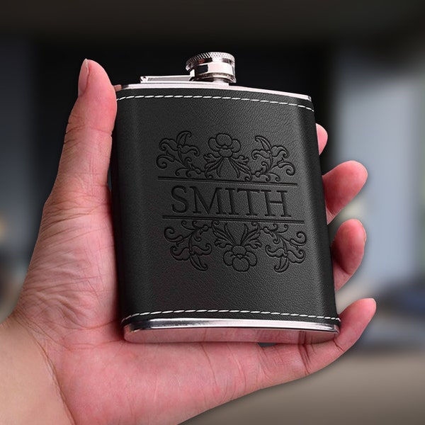 Personalized Leather Flask Gift Set for Men Custom Engraved Wood Box Set for Groomsmen, Gift for Bride